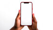 © lelechka - Womans hand with red nails hold smartphone with blank empty screen on isolated white background