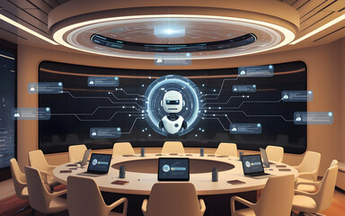 Poster - Futuristic Boardroom: AI Virtual Meeting. A modern, sleek boardroom features a large curved screen displaying a friendly AI robot, leading a virtual meeting.