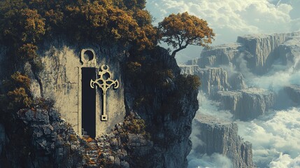 Poster - Mystical Key Door on Clifftop Landscape: Fantasy Art