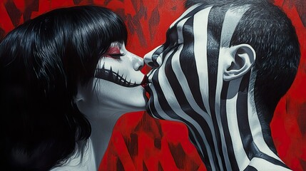 Wall Mural - Passionate Kiss: Black and White Body Paint Couple Portrait