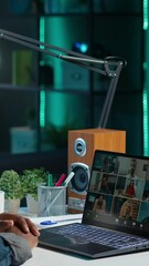 Poster - Vertical video Remote employee calls managers remotely using internet videocall to ask for feedback on project progress. Teleworker at home requesting assistance from coworkers in teleconference