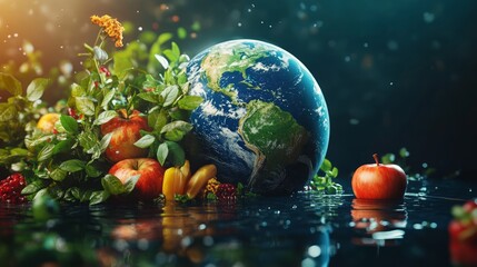 Poster - Earth globe surrounded by fresh fruits and plants, reflecting on dark surface.