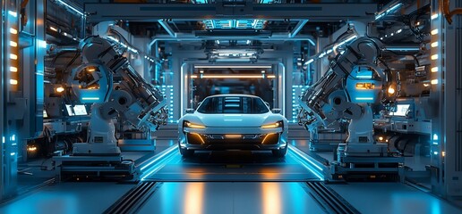 Poster - A futuristic car in a high-tech manufacturing facility.