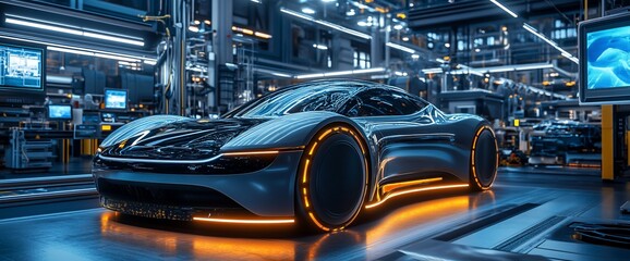 Poster - A futuristic sports car in a high-tech manufacturing facility.