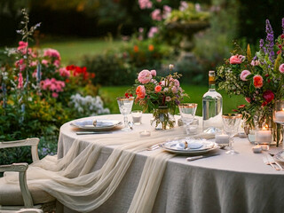 Wall Mural - Table setting for dinner in the garden at sunset. Selective focus. 