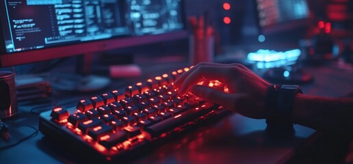 Poster - A hand typing on a glowing keyboard in a dimly lit workspace.