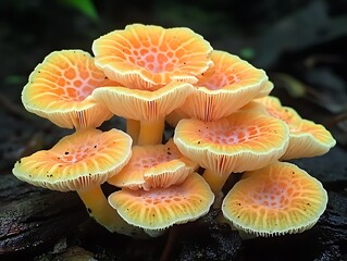 Poster - Cluster of vibrant orange mushrooms growing on dark forest floor.
