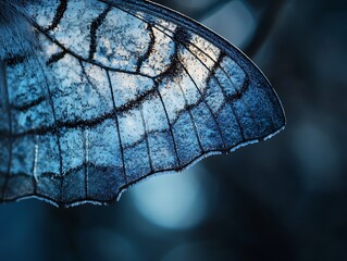 Poster - Close-up of a translucent butterfly wing with intricate veins, exhibiting a serene blue hue against a blurred background.