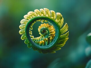 Close-up of a vibrant green fern frond unfurling in a spiral pattern against a blurred background.