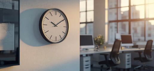Poster - A modern office space with a wall clock and computers in view.