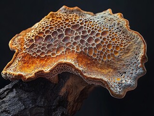 Poster - Close-up of an orange and grey textured mushroom on dark background.