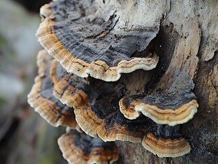 Poster - Close-up of colorful shelf fungi growing on decaying wood.