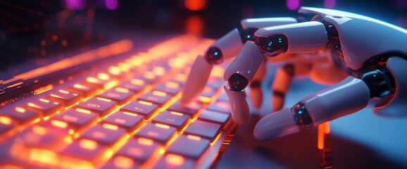 Poster - A robotic hand typing on a glowing keyboard in a digital environment.