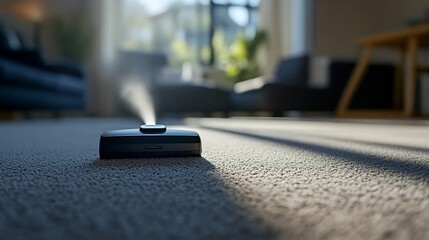 Poster - A robotic vacuum cleaner operates on a carpeted floor in a cozy room.
