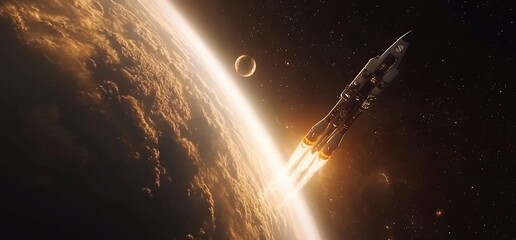 Poster - A rocket launches into space above a planet's atmosphere.