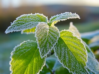 Poster - Close-up of frost-covered green leaves at sunrise.