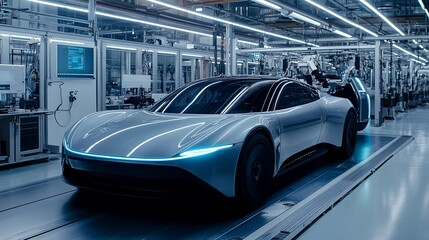 Poster - A sleek electric car in a modern manufacturing facility.
