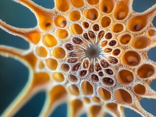 Poster - Close-up of intricate, dried plant seed head with radial symmetry and numerous small holes.