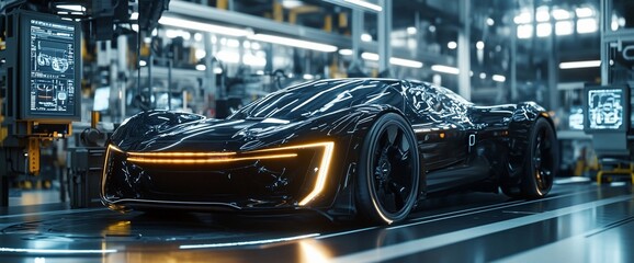Poster - A sleek, futuristic black sports car in a high-tech garage setting.