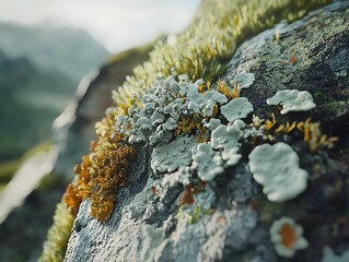 Poster - Close-up of lichen and moss growing on a rock in a mountain landscape.