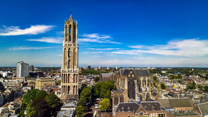 Wall Mural - Utrecht town аerial drone view from above, typical Dutch city skyline, Utrecht cityscape with tower, canals and houses, Holland, Netherlands