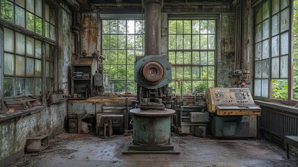 Wall Mural - Abandoned Industrial Workshop with Rusted Machinery and Overgrown Windows