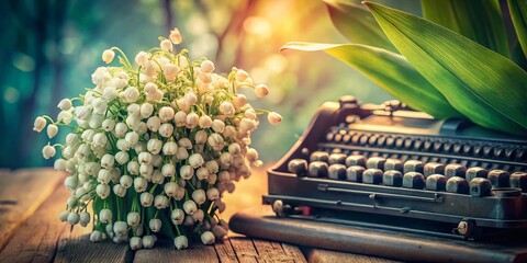 Wall Mural - Dried Lily of the Valley Flowers Beside an Antique Typewriter in a Romantic Retro Setting for Vintage and Nostalgic Photography