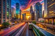 © Danicha - Dusk Cityscape with Blurred Motion of Cars and Subway Train at Illuminated Station in Modern Urban Setting for Captivating Landscape Photography