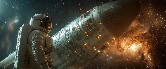 Poster - Astronaut stands beside a spacecraft in a cosmic environment.