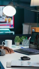 Poster - Vertical video Employee working from home talking with coworkers during business meeting on videocall in office. Teleworker speaking in remote teleconference call from living room, camera A