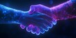 © KamStudio - Firm handshake depicted with digital glowing lines, symbolizing strength and confidence, rendered in a blue and purple color palette with a uturistic, high-resolution design.