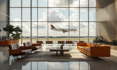 Aufkleber - Modern airport lounge with large windows and an airplane in view.