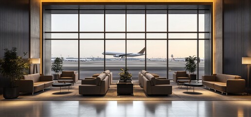 Aufkleber - Modern airport lounge with seating and a view of planes outside.
