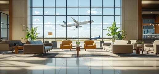 Aufkleber - Modern airport lounge with seating and an airplane in the background.
