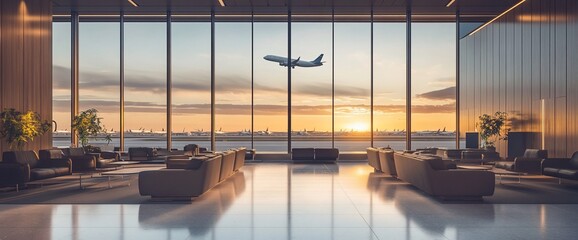 Poster - Modern airport lounge with sunset view and airplane in the background.