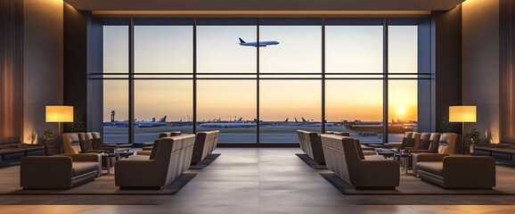 Aufkleber - Modern airport lounge with sunset view and aircraft in the background.