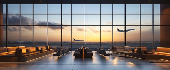 Poster - Modern airport lounge with sunset view and departing airplanes.