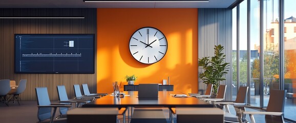 Aufkleber - Modern conference room with orange wall, clock, and meeting table.