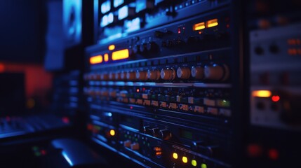 Poster - An image of a sleek rack of outboard gear, including preamps and EQs, softly illuminated by backlighting in a dim studio, audio engineering, professional studio equipment, high-end sound, audio rack