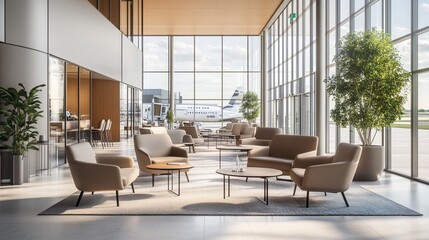 Poster - Modern lounge area in an airport with comfortable seating and large windows.