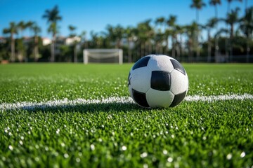 a soccer ball resting on a patch of well-manicured grass in a sports field, representing active life