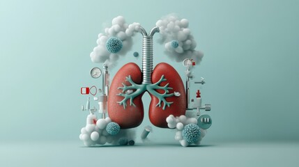 Poster - Colorful 3D Representation of Human Lungs Surrounded by Medical Elements and Bacteria Symbolizing Respiratory Health and Scientific Research
