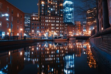 Poster - A nighttime cityscape reflecting in a calm body of water. 