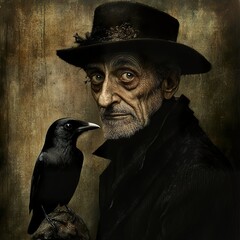 Wall Mural - Mysterious Old Man with a Crow: A Dark Portrait