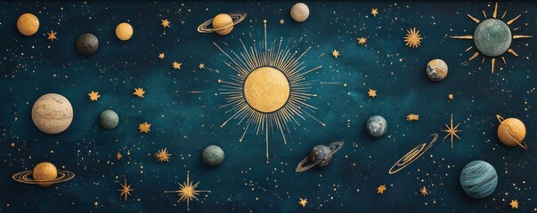 a vibrant depiction of planets and stars in a cosmic setting.