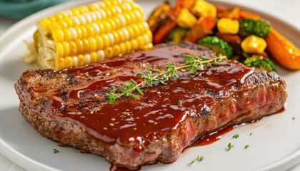 Wall Mural - Grilled bbq steak with corn on the cob and roasted vegetables