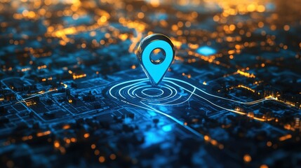 Poster - 3D rendering of a blue location pin on a digital map with highlighted route directions, combined with technology elements and search bar features