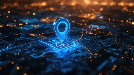 Poster - 3D rendering of a blue location pin on a digital map with highlighted route directions, combined with technology elements and search bar features