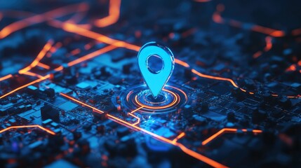 Poster - 3D rendering of a blue location pin on a digital map with highlighted route directions, combined with technology elements and search bar features