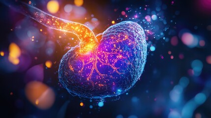 Aufkleber - A bright and illuminated 3D rendering of the human pancreas anatomy, showcasing exocrine glands and the pancreatic duct in vivid detail
